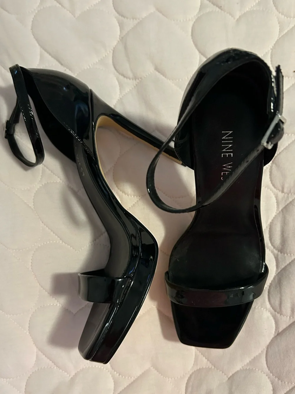 Nine West Black Patent Square-Toe Ankle-Strap Heels